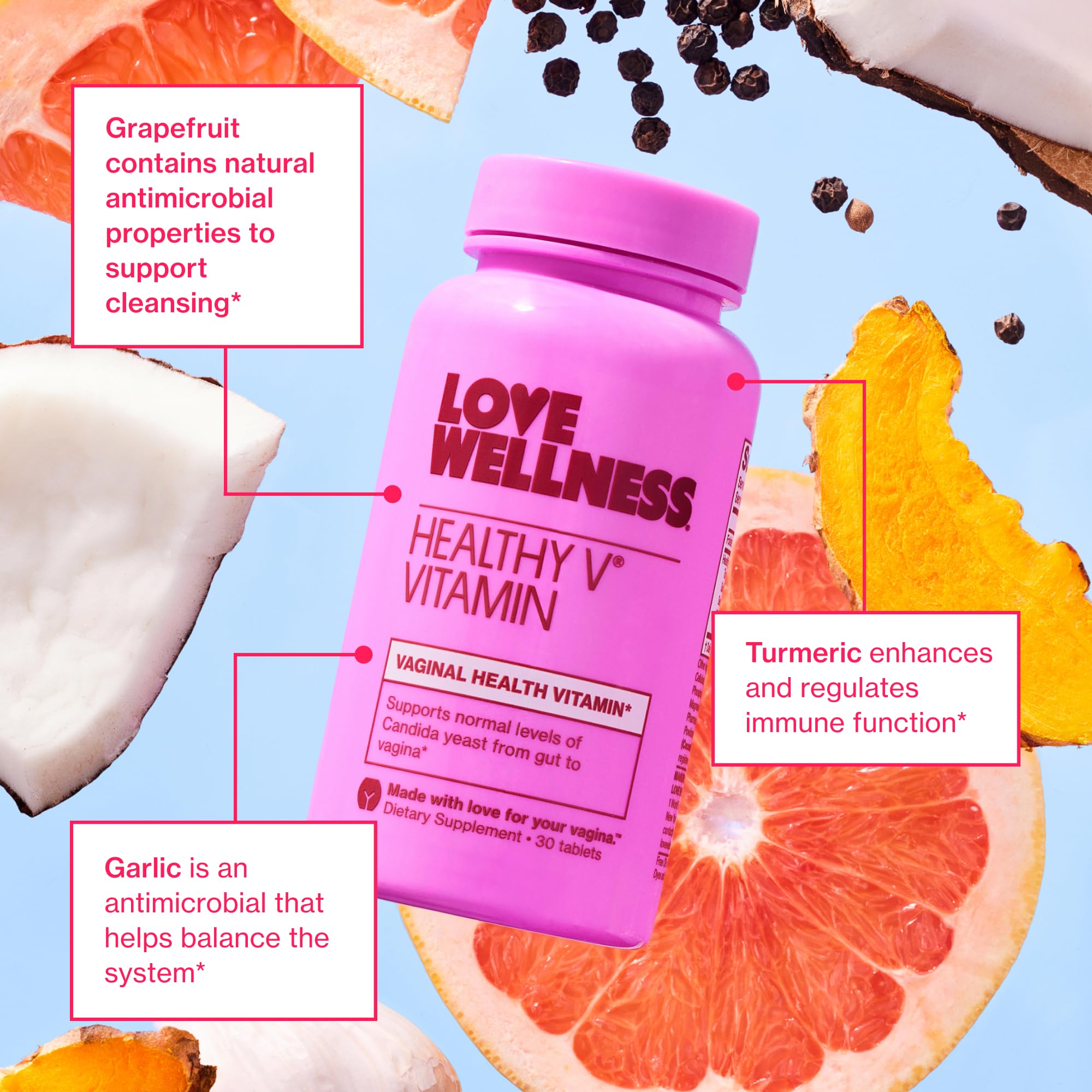 Love Wellness Healthy V Vitamin tablet close-up for daily intake.