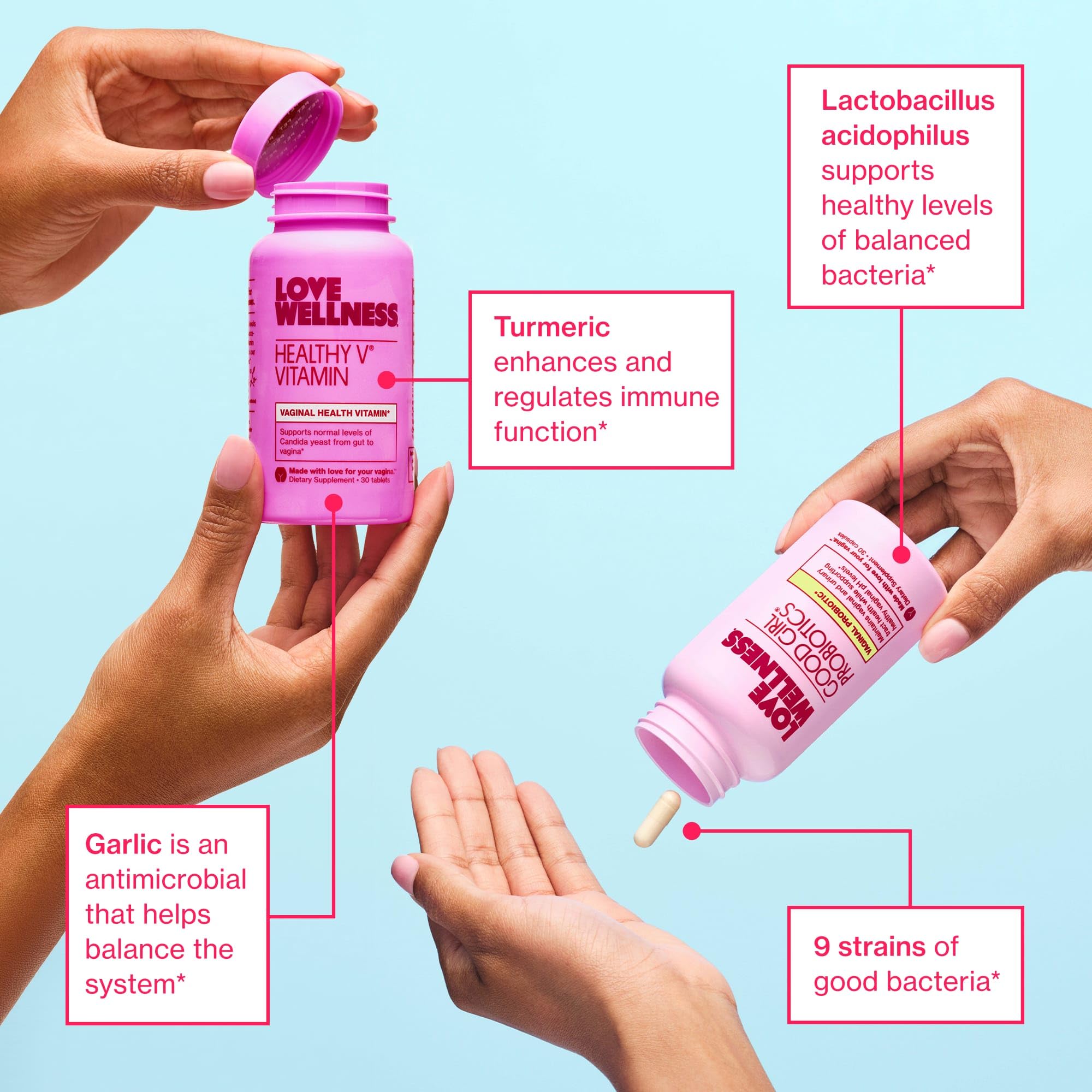 Close-up of Love Wellness Healthy V Vitamin tablet with turmeric and garlic ingredients