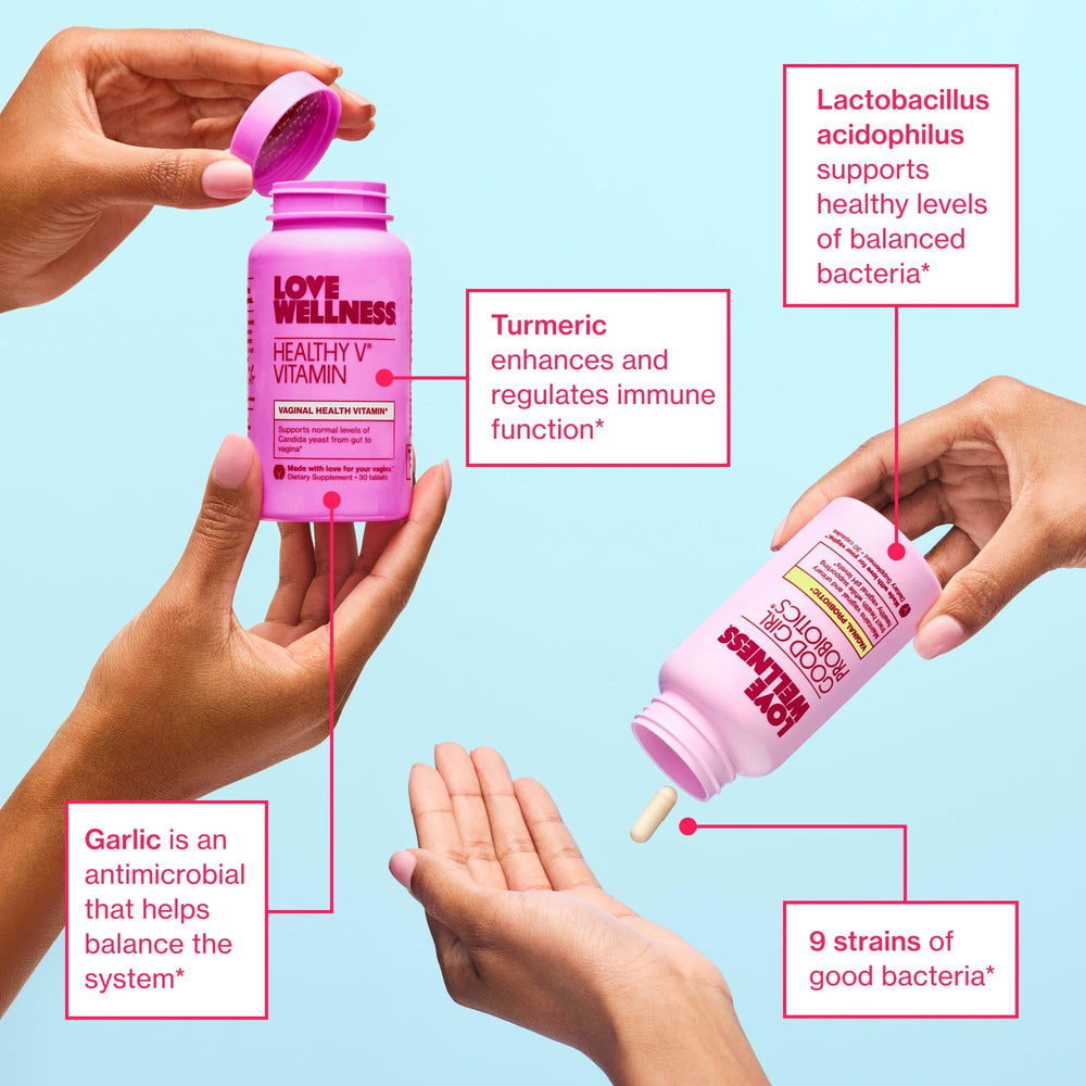 Close-up of Love Wellness Healthy V Vitamin tablet with turmeric and garlic ingredients