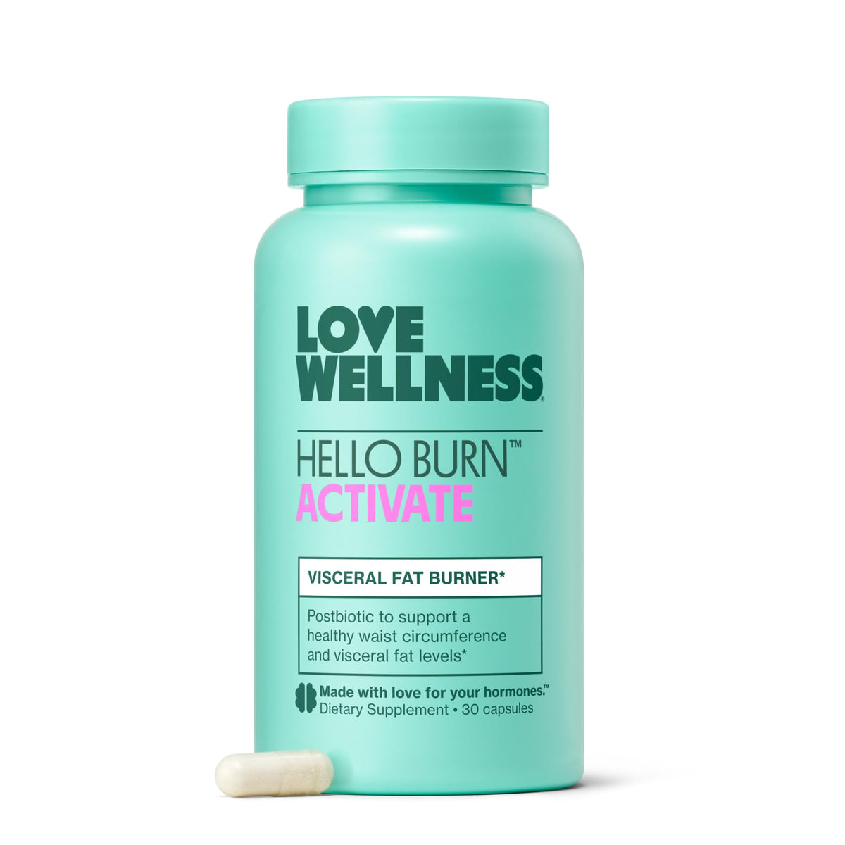 Love Wellness Hello Burn Activate bottle close-up for daily visceral fat support.