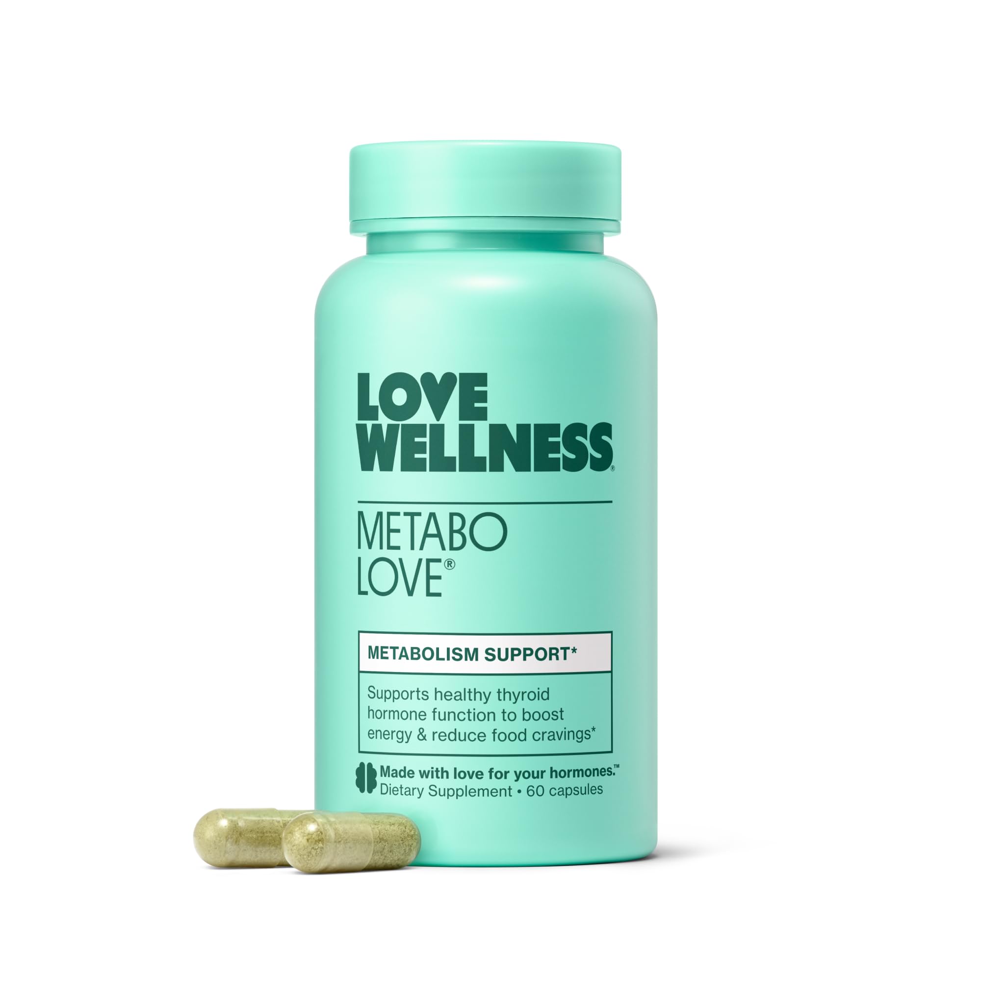 Love Wellness Metabolove bottle on counter suggesting daily metabolism support.