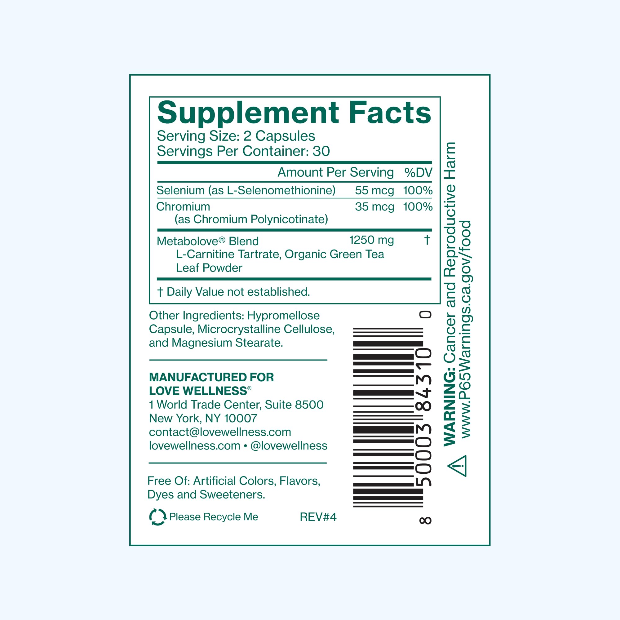 Metabolove label with vegan and gluten-free icons communicates dietary suitability.