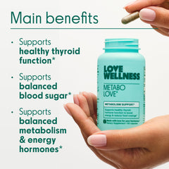 Metabolove packaging front shows vegan and gluten-free attributes for dietary preferences.