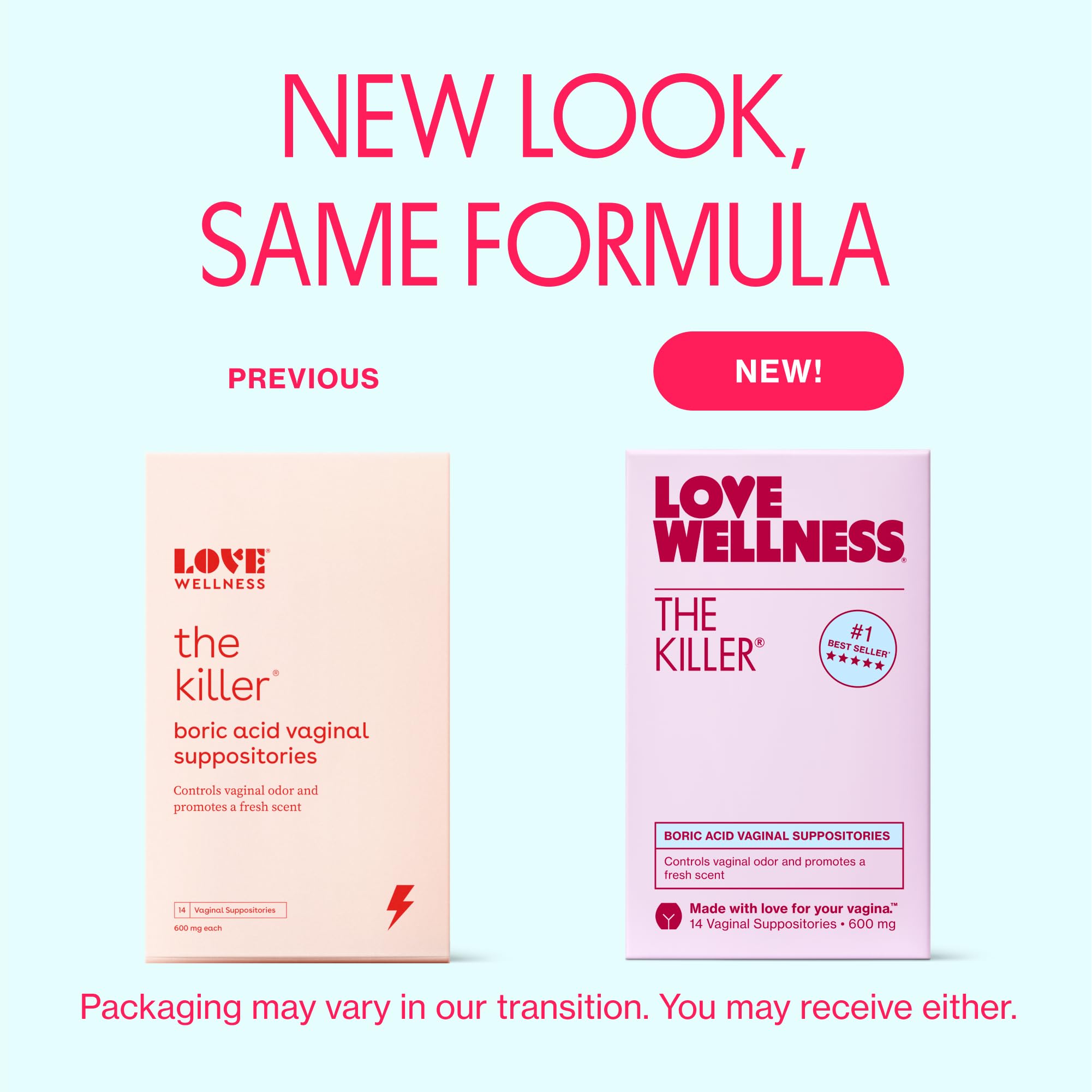 Love Wellness The Killer boric acid suppositories closeup, fragrance-free formula.
