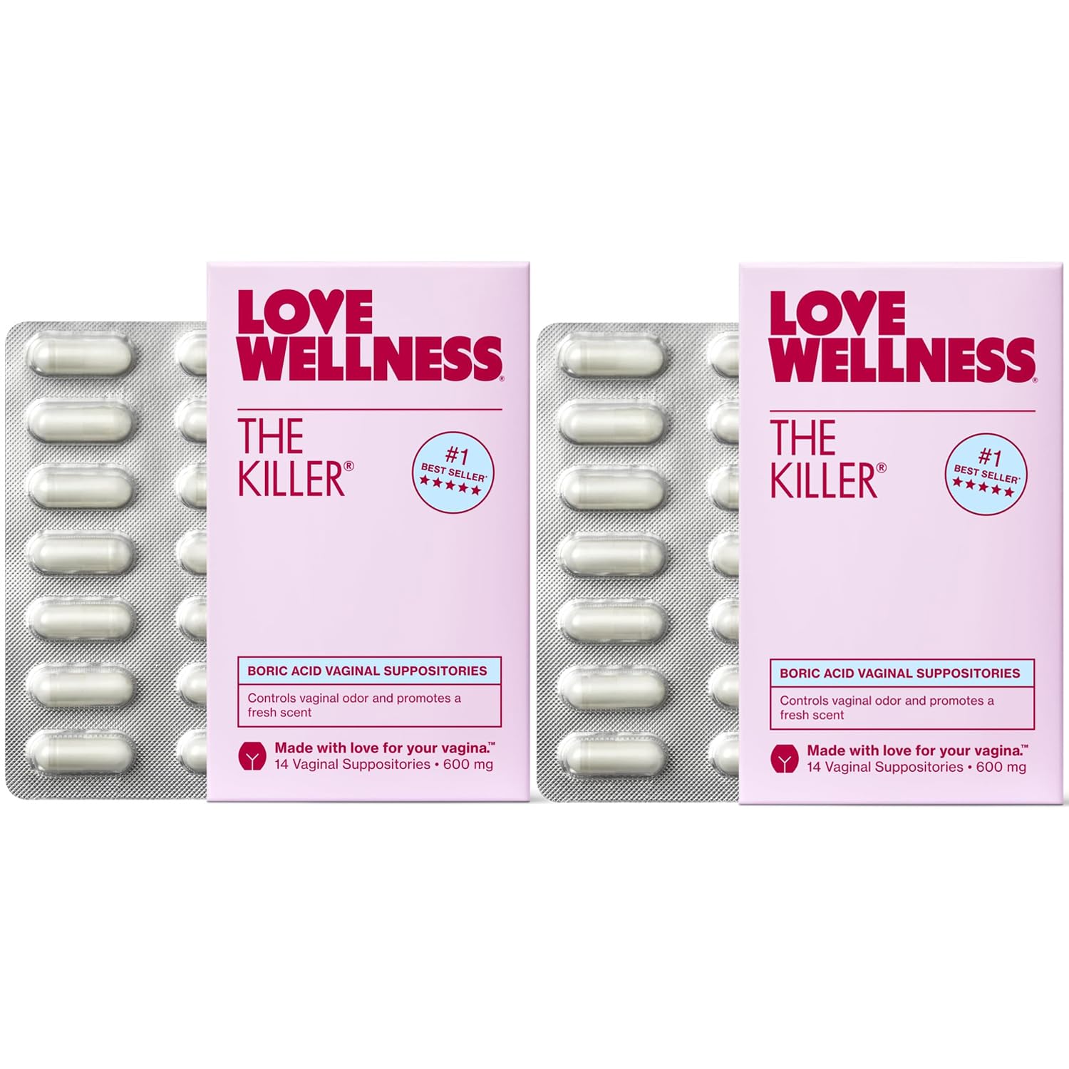 Love Wellness The Killer boric acid suppositories pack for pH support.