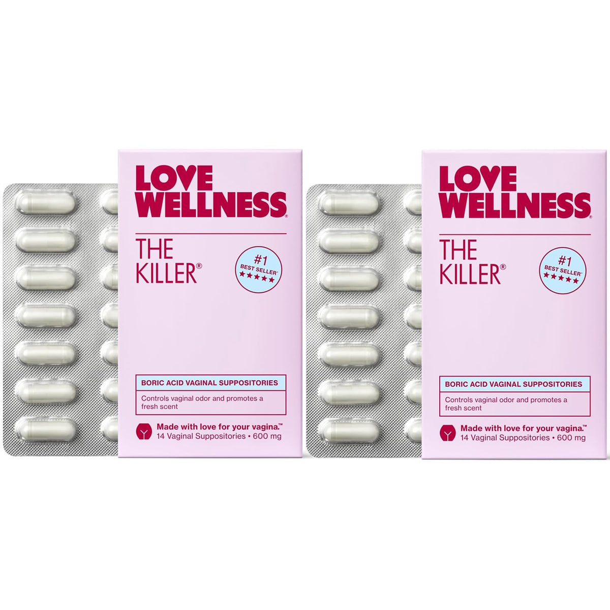 Love Wellness The Killer boric acid suppositories pack for pH support.