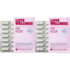 Love Wellness The Killer boric acid suppositories pack for pH support.