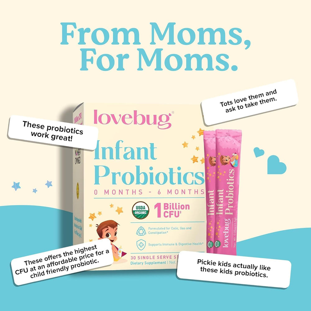 Baby enjoys a calm tummy routine with Lovebug probiotic support.