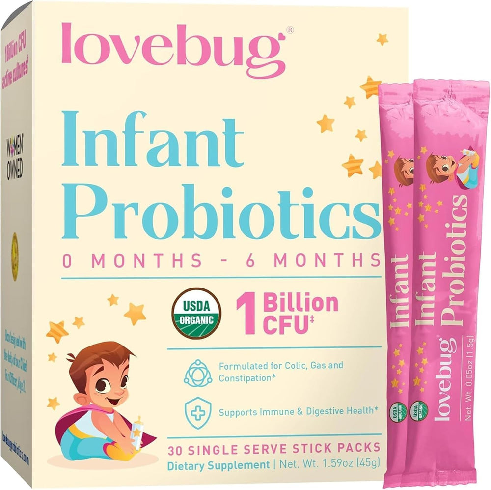Lovebug Infant Probiotics tub with powder that dissolves easily in milk.