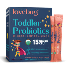 Lovebug kids probiotic powder unflavored tub for easy mixing in any drink