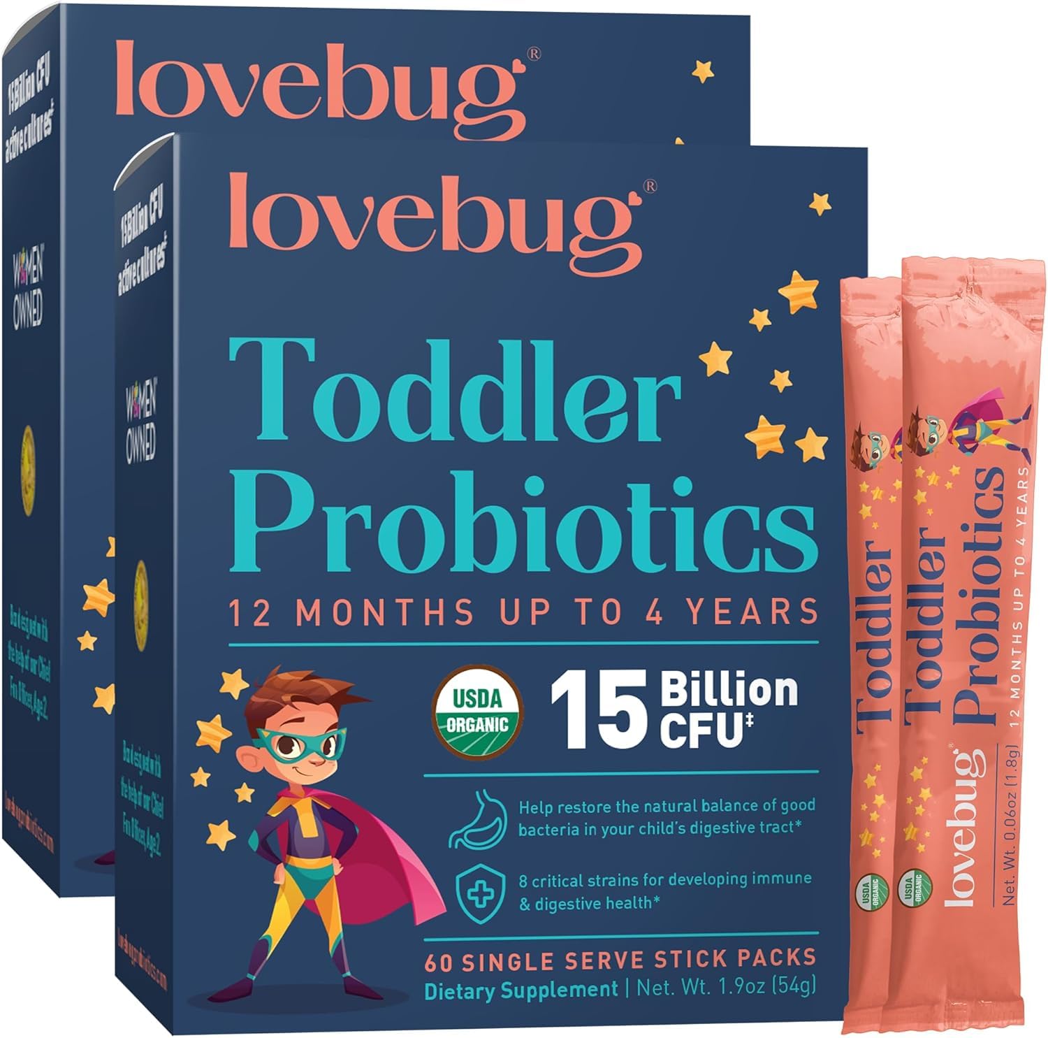 LOVEBUG Kids Probiotic Powder packaging for easy daily toddler use.