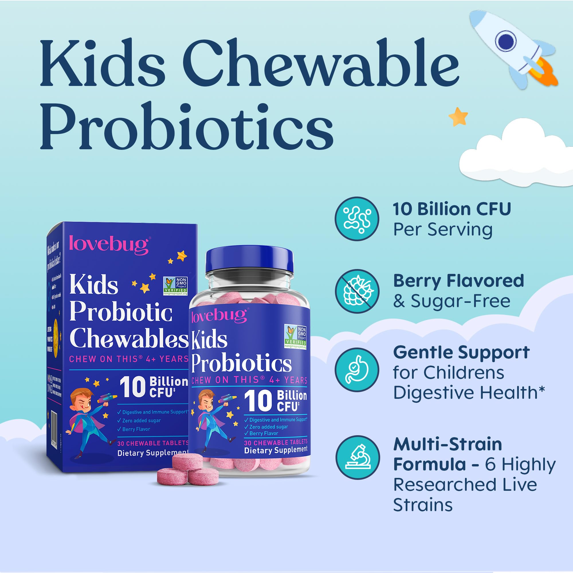 LOVEBUG Kids chewable berry flavor on a table for easy daily use