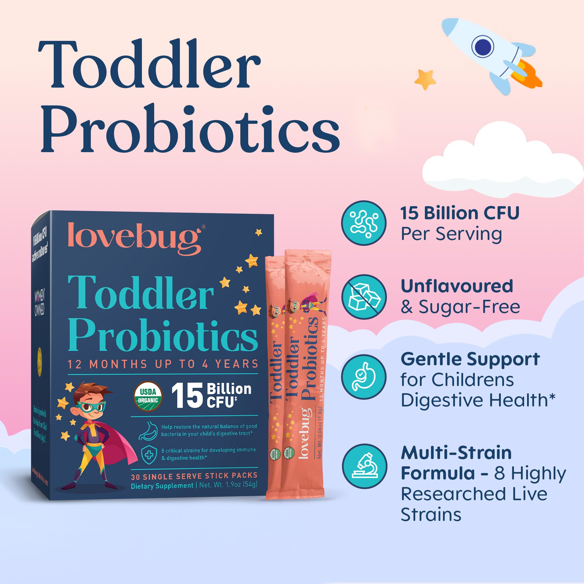 Lovebug probiotic powder dissolves instantly in beverages for picky eaters