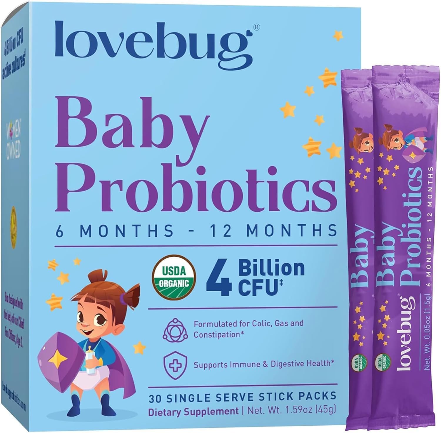Packaging for Lovebug Probiotics 6-12 months supports daily gut balance.