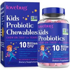LOVEBUG Probiotics for Kids bottle front suggests daily gut support in a kid-friendly format.