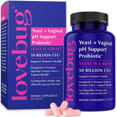 Lovebug Probiotics bottle with capsules boosting vaginal health and urinary comfort