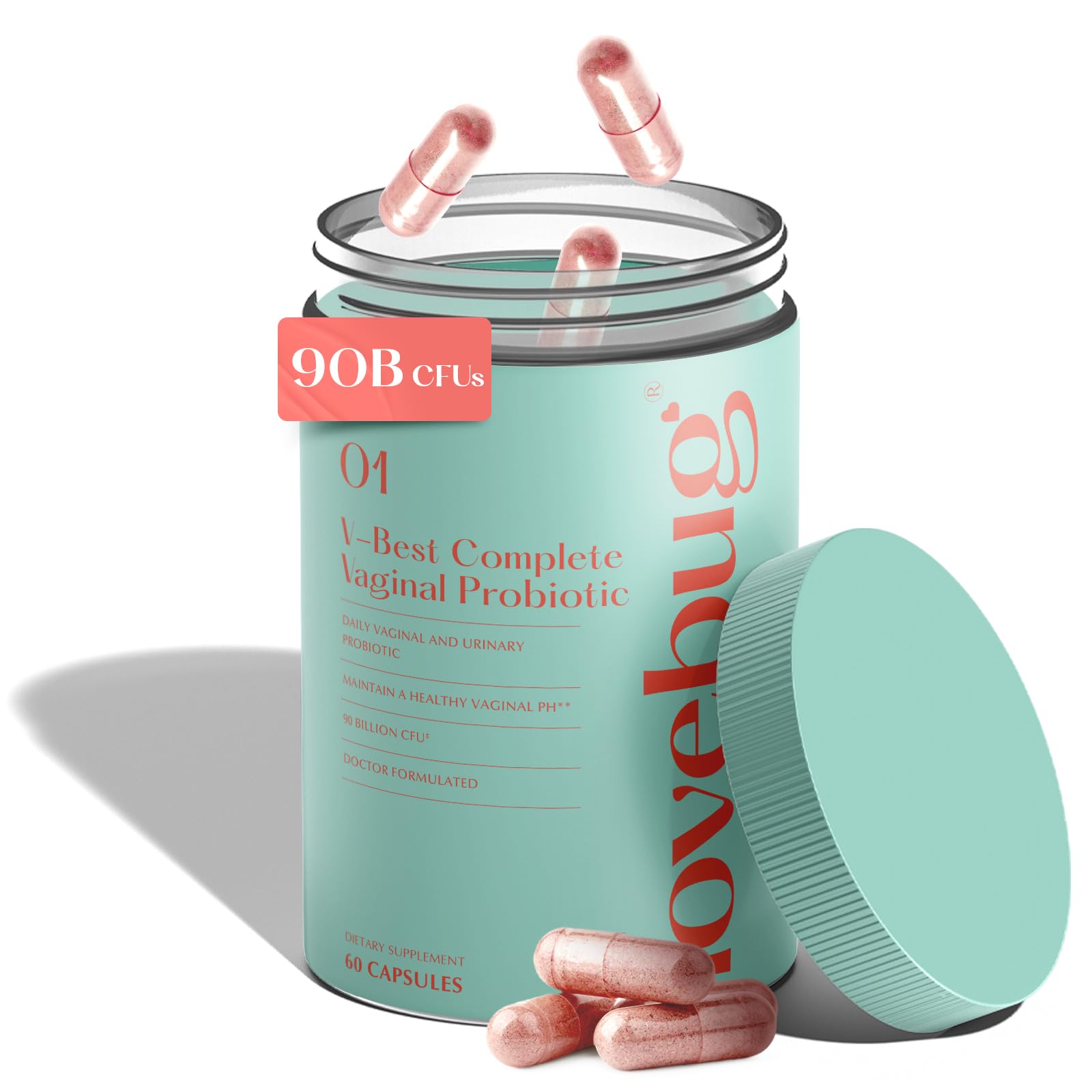 LoveBug V-Best bottle front showing a shelf-stable probiotic for pH balance and daily support