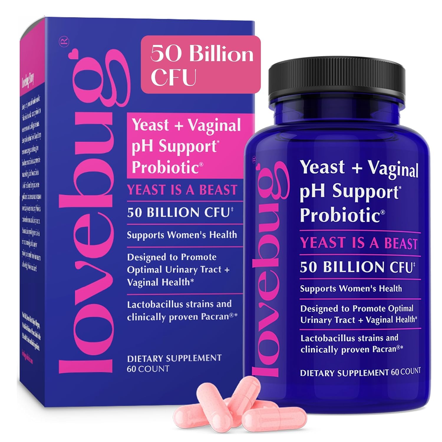 Lovebug Yeast and Vaginal Probiotics bottle showing daily capsules for balanced wellness