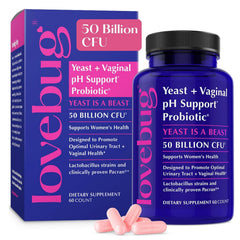 Lovebug Yeast and Vaginal Probiotics bottle showing daily capsules for balanced wellness