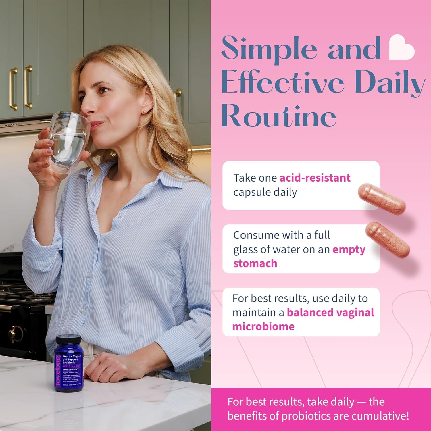 Lifestyle scene of a user taking Lovebug capsules as part of daily routine