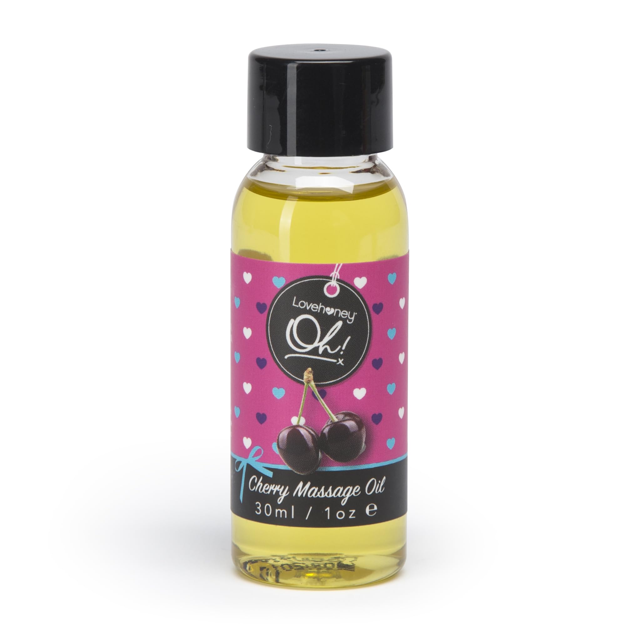 Lovehoney Cherry Massage Oil bottle close-up, perfect for a relaxing massage experience.