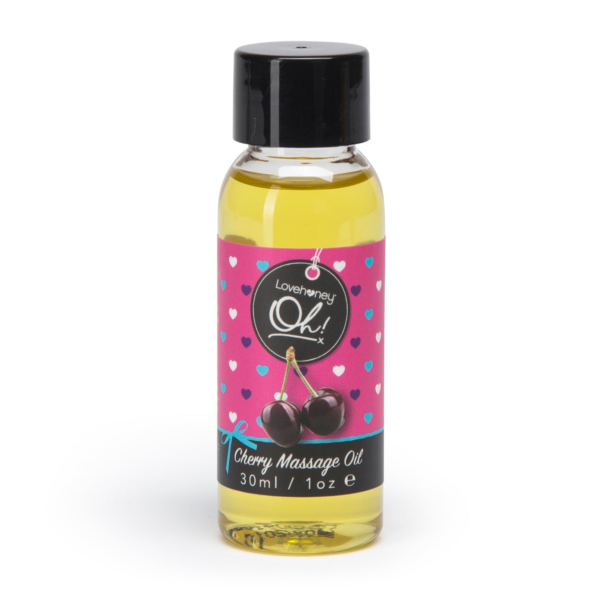Lovehoney Cherry Massage Oil bottle close-up, perfect for a relaxing massage experience.