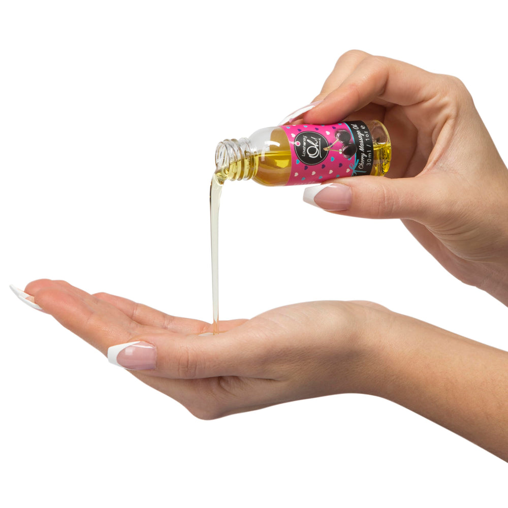 Lovehoney Cherry Massage Oil warmed in hands for a smooth, calming massage.