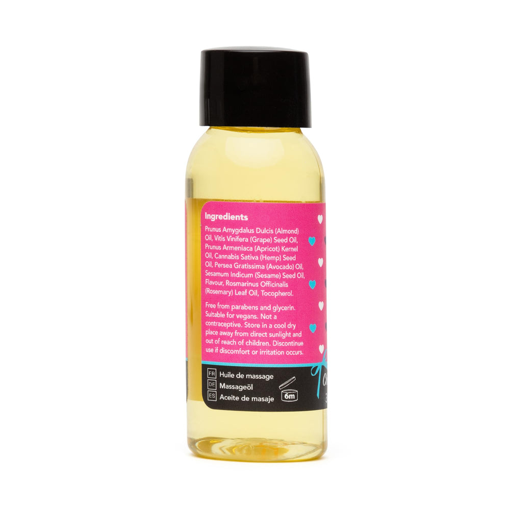 Lovehoney Cherry Massage Oil travel-size bottle ideal for on-the-go pampering.