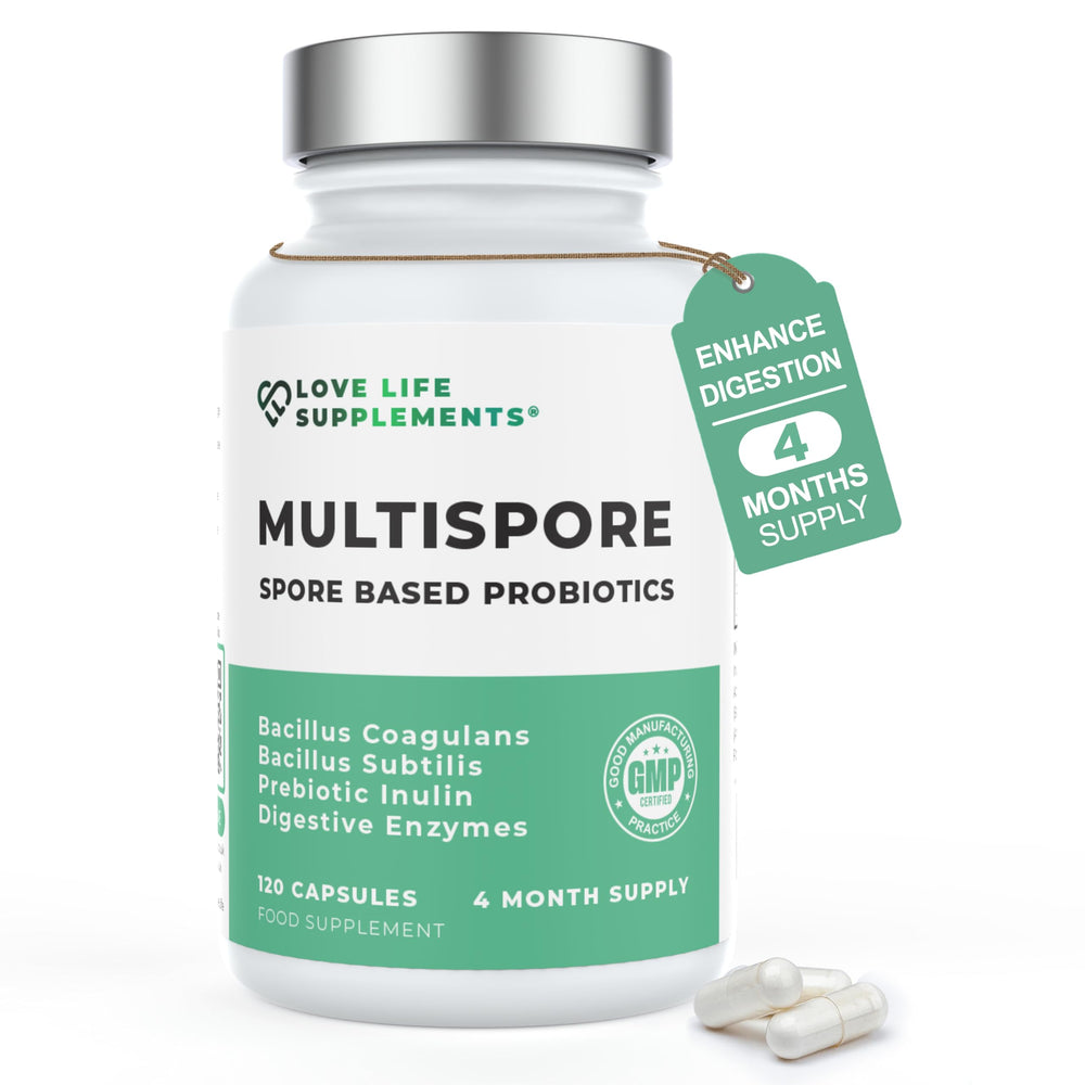 Love Life Multispore Plus bottle cap, supports daily probiotic routine.