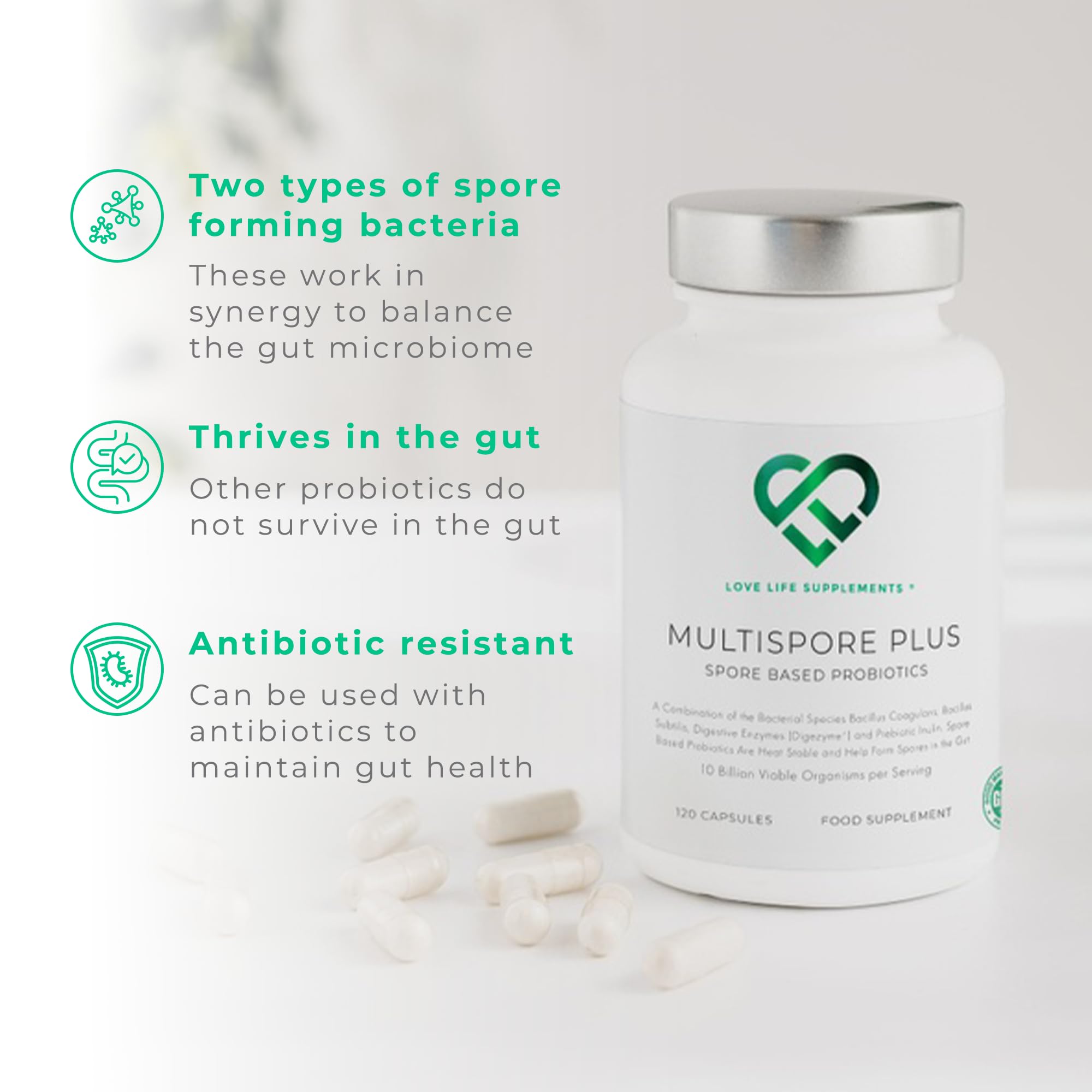 Love Life Multispore Plus capsules close-up, spore-based probiotic action.