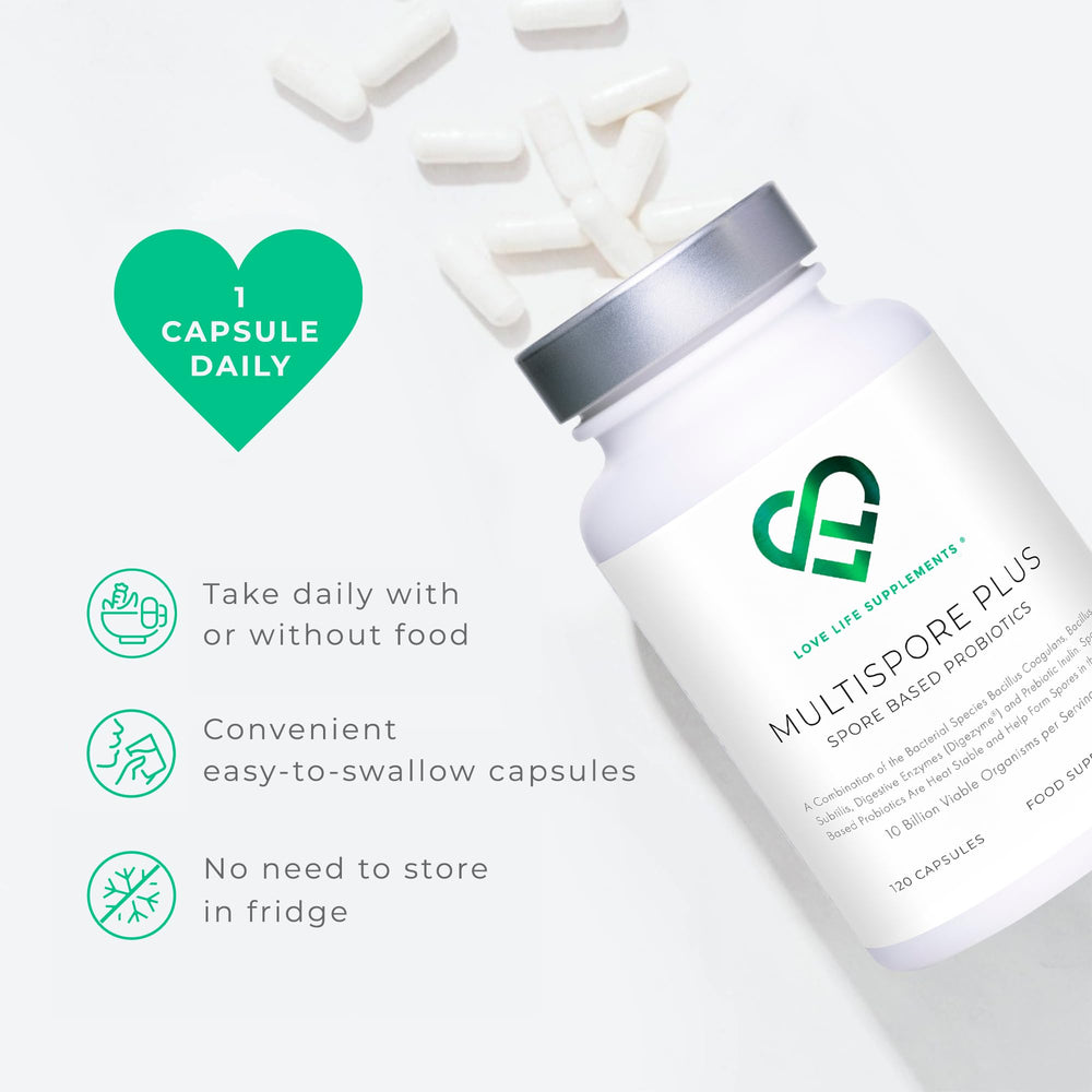 Love Life Multispore Plus gluten-free and dairy-free packaging for sensitive diets.