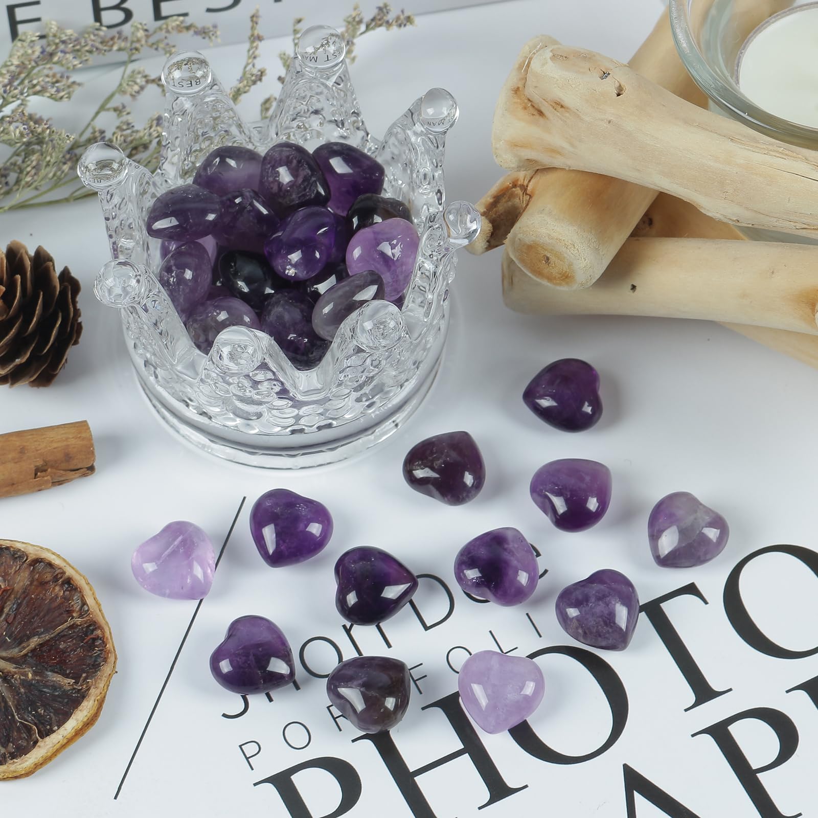 Loveliome amethyst heart energy stone enhances mindfulness during quiet moments.