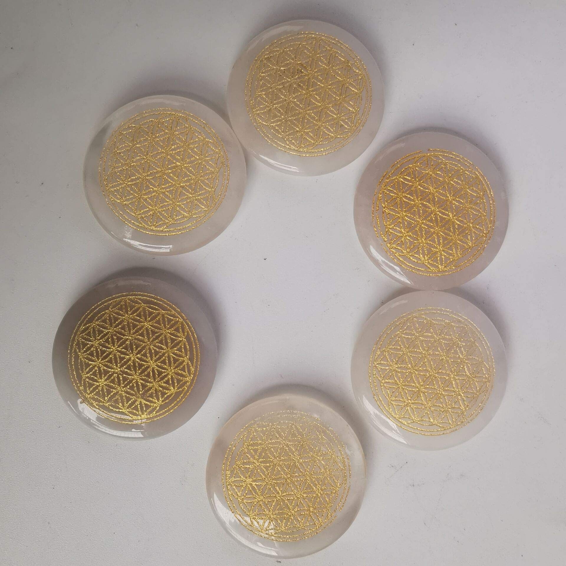 Loveliome Flower of Life engraved palm stones pair with chakra wands for alignment