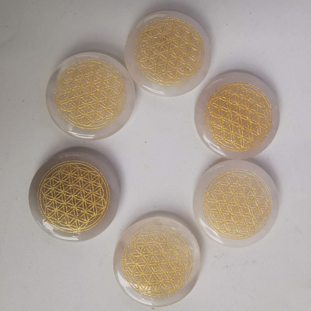 Loveliome Flower of Life engraved palm stones pair with chakra wands for alignment
