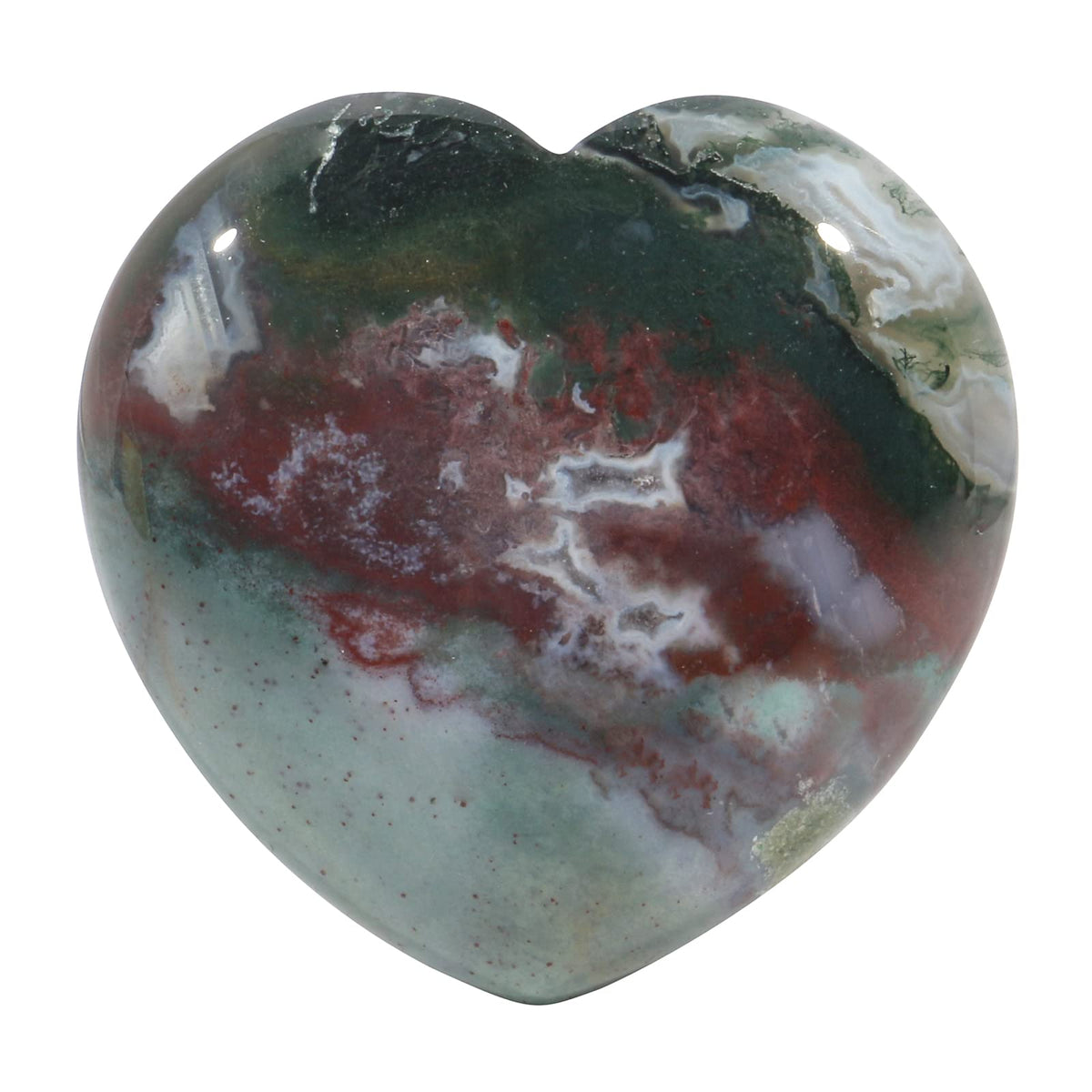 Loveliome natural Indian agate heart close-up showing vibrant color patterns for meditation