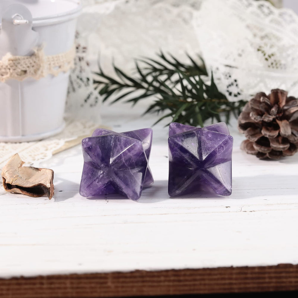 Loveliome amethyst Merkaba crystals radiate a subtle protective aura during practice