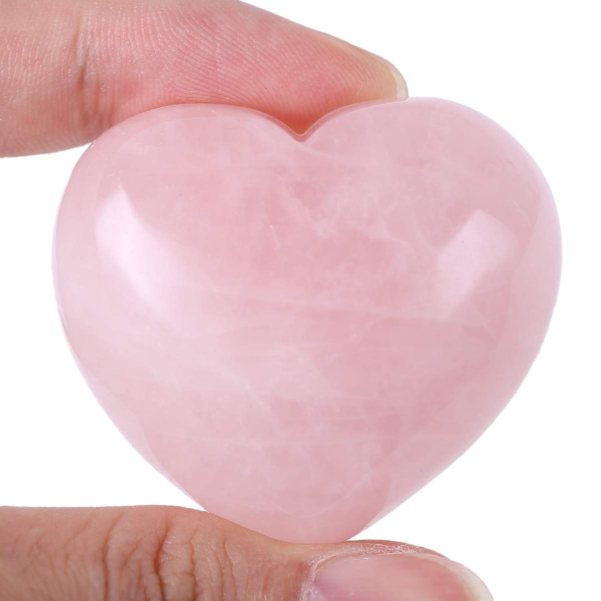 Loveliome rose quartz heart closeup shows unique color patterns for selection.