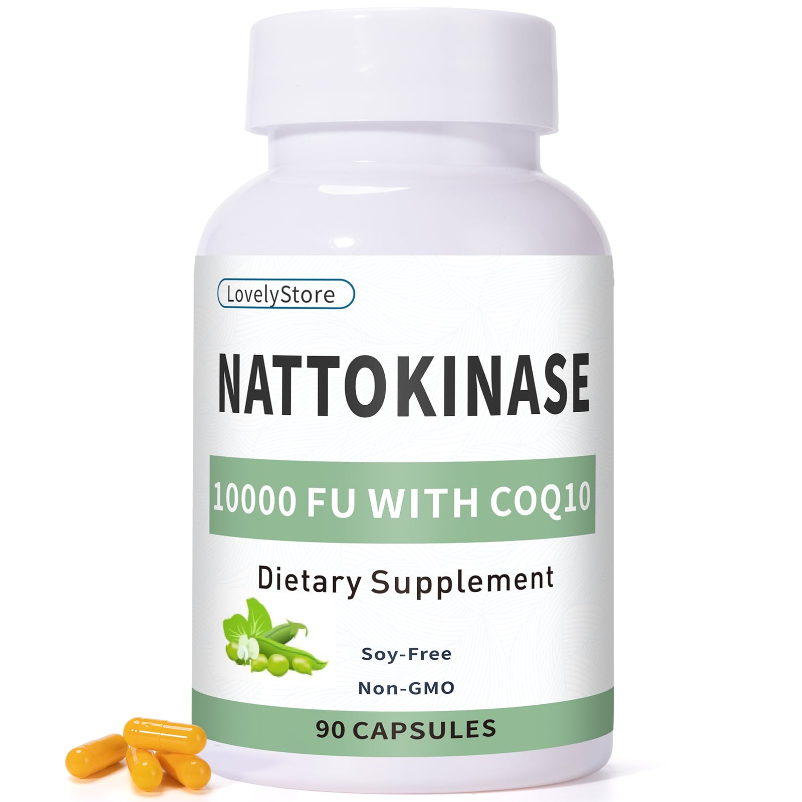 LovelyStore nattokinase bottle label highlighting potency and CoQ10