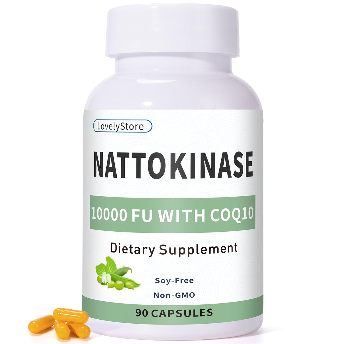 LovelyStore nattokinase bottle label highlighting potency and CoQ10