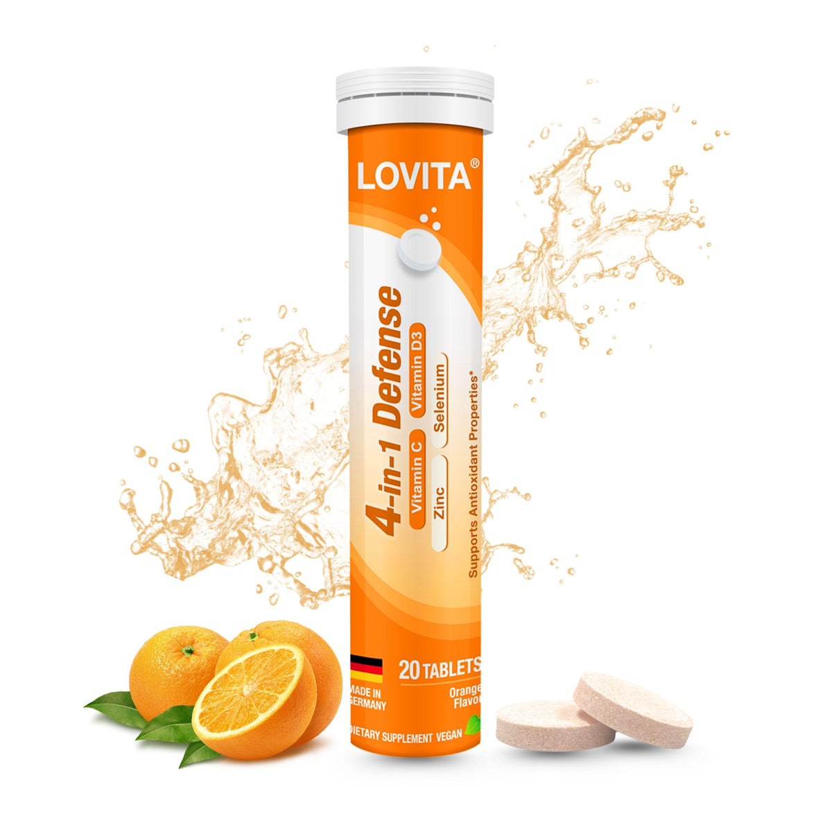 LOVITA 4-in-1 Defense tablets dissolve in water for a refreshing immune-support drink