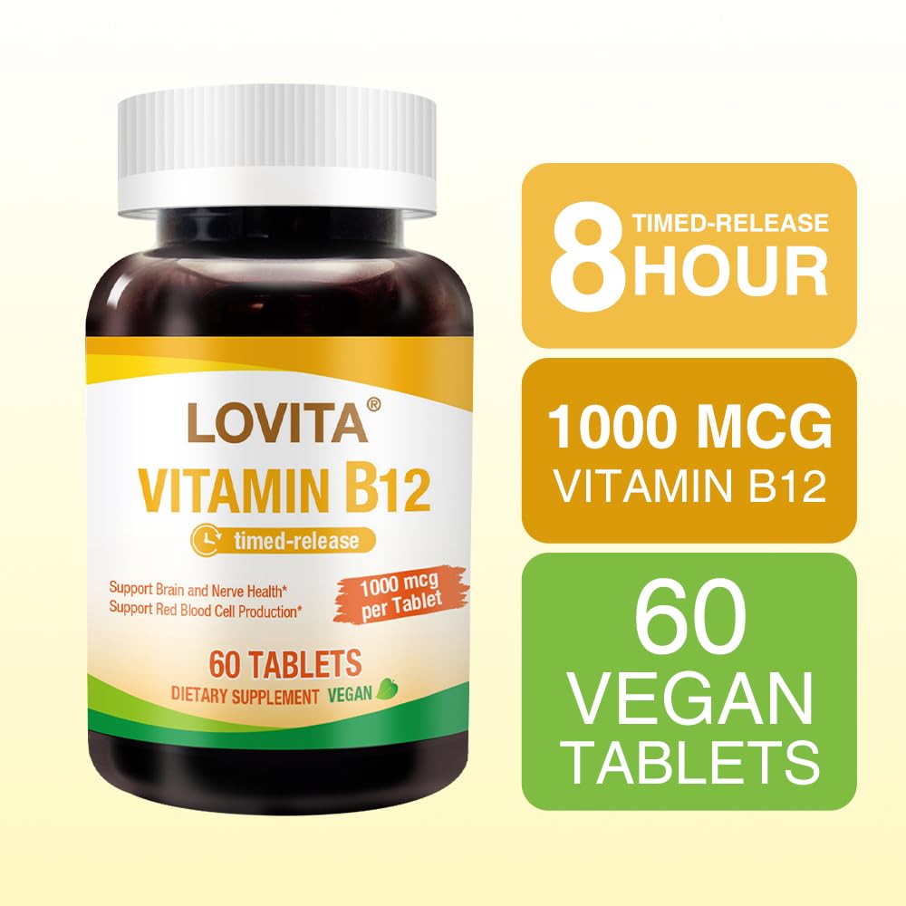 LOVITA B12 daily dose tablets highlight convenient one-a-day schedule.