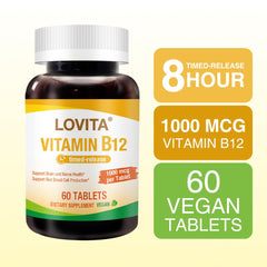 LOVITA B12 daily dose tablets highlight convenient one-a-day schedule.