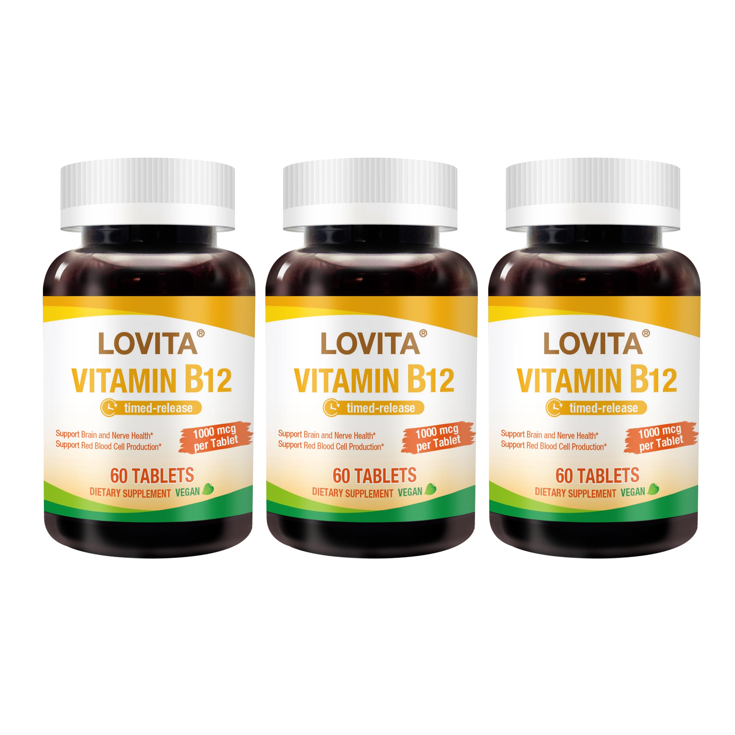 LOVITA B12 sustained-release bottle closeup for steady daytime energy support.