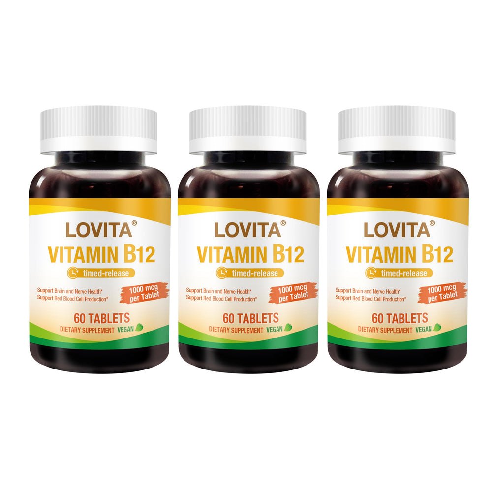 LOVITA B12 sustained-release bottle closeup for steady daytime energy support.