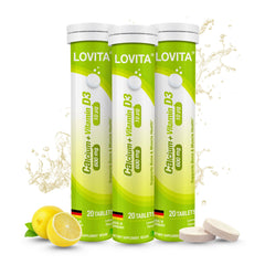 LOVITA calcium D3 effervescent bottle closeup, refreshing bone support in a drinkable form.