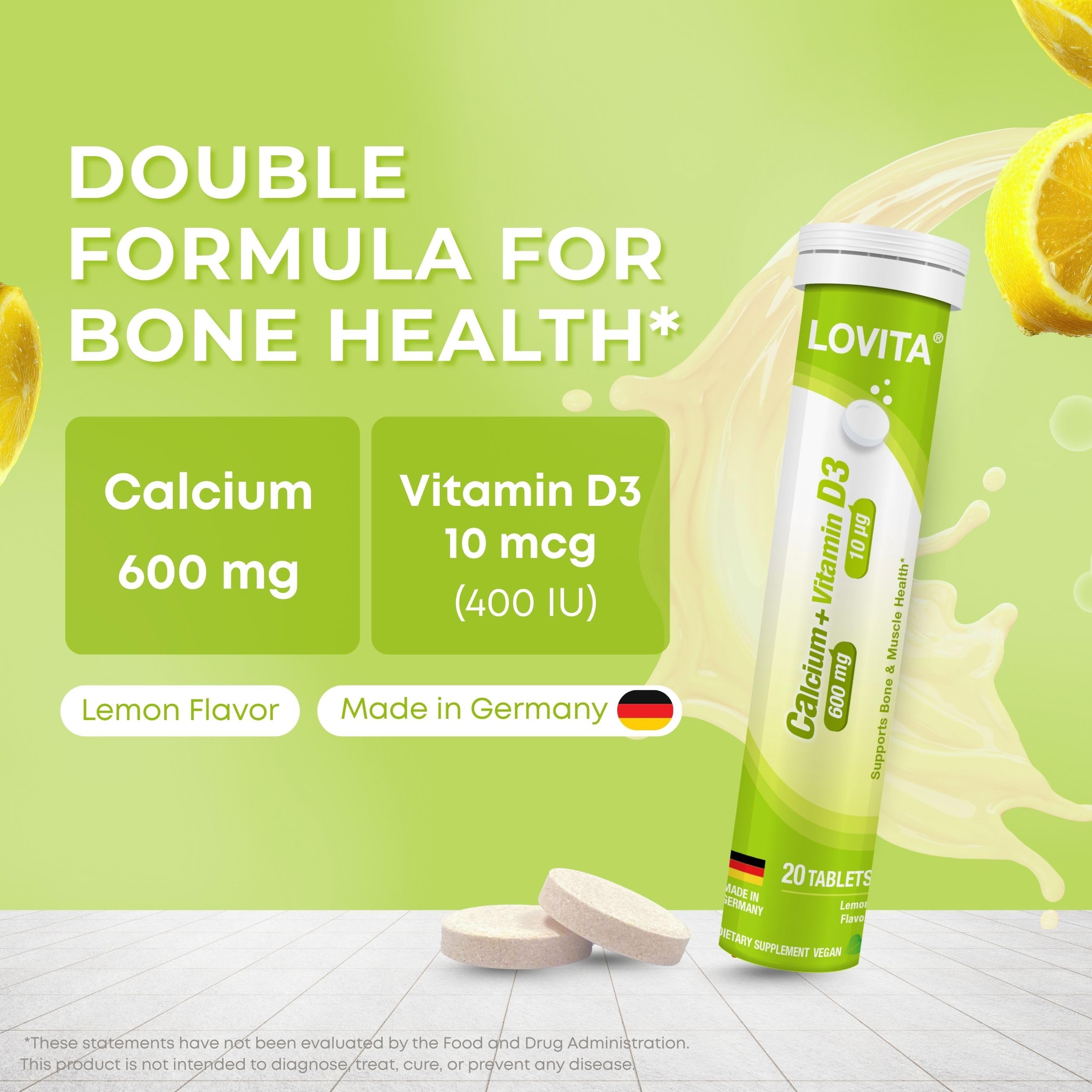 LOVITA tablet dissolving in water for a lemon-flavored drink