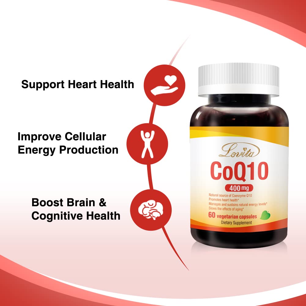 Packaging box for Lovita CoQ10 showing vegan and gluten-free claims