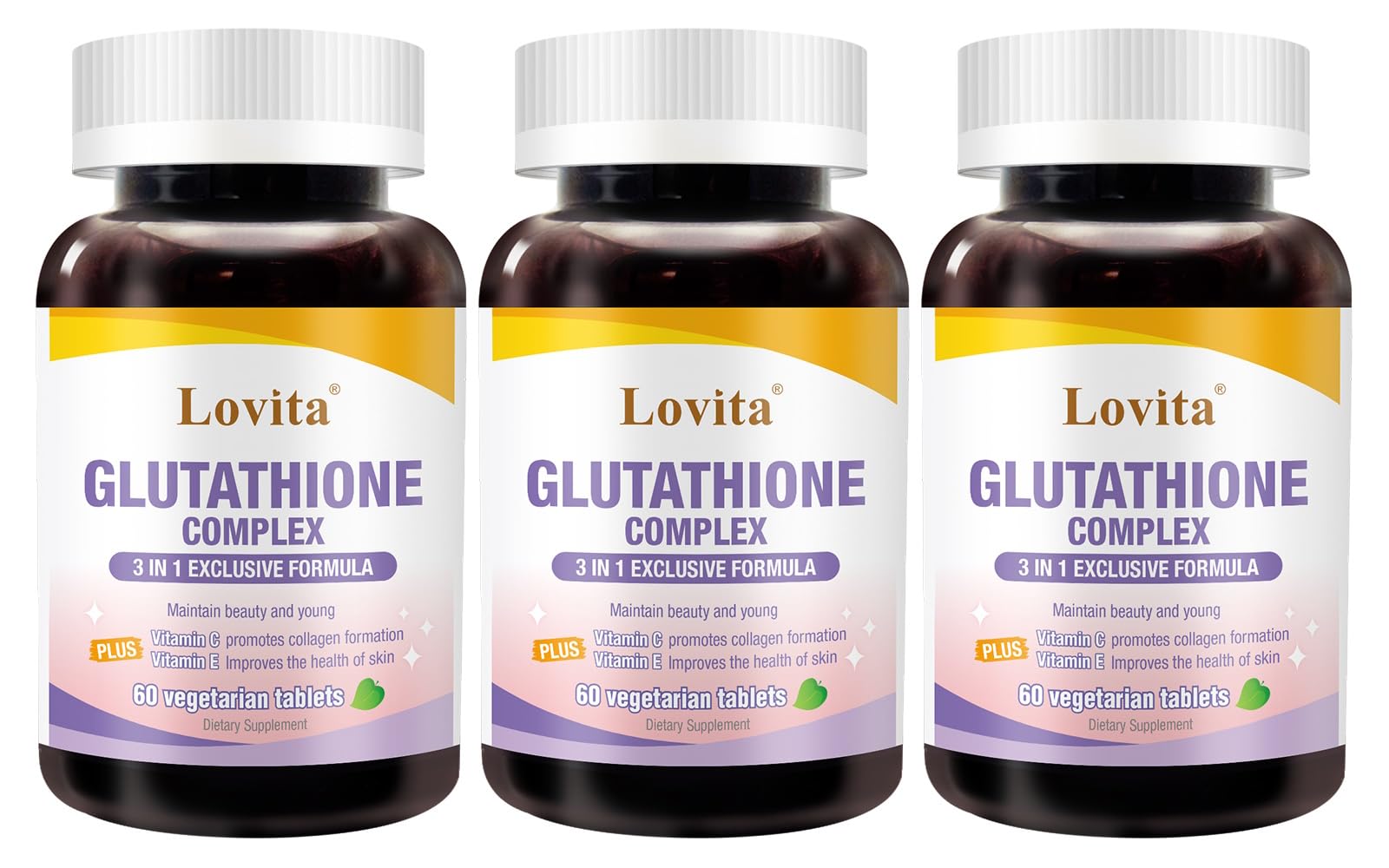 Lovita Glutathione Complex bottle front with clean vegan packaging for beauty and wellness.