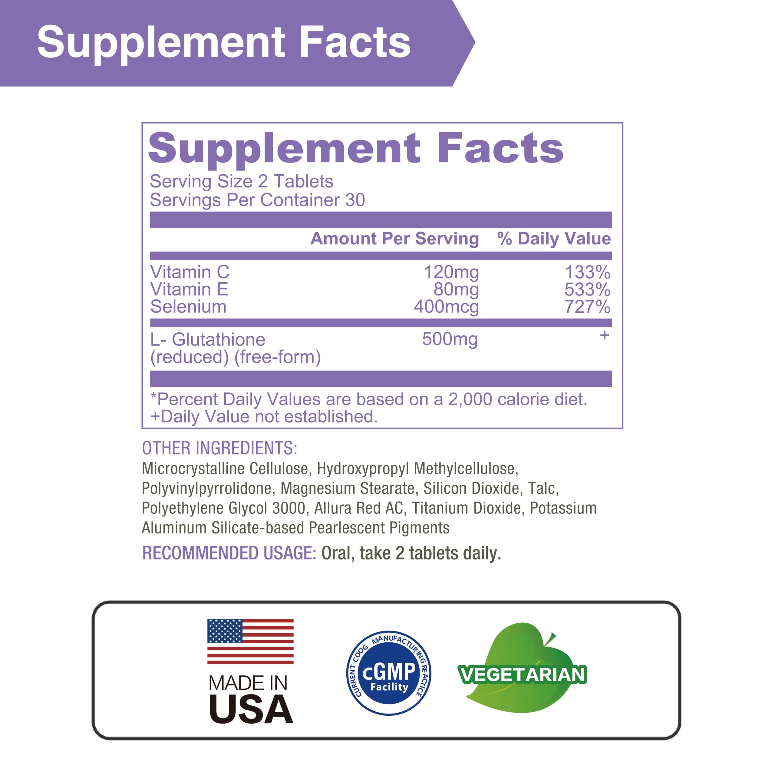 Lovita Glutathione Complex bottle label highlights key nutrients for skin vitality.