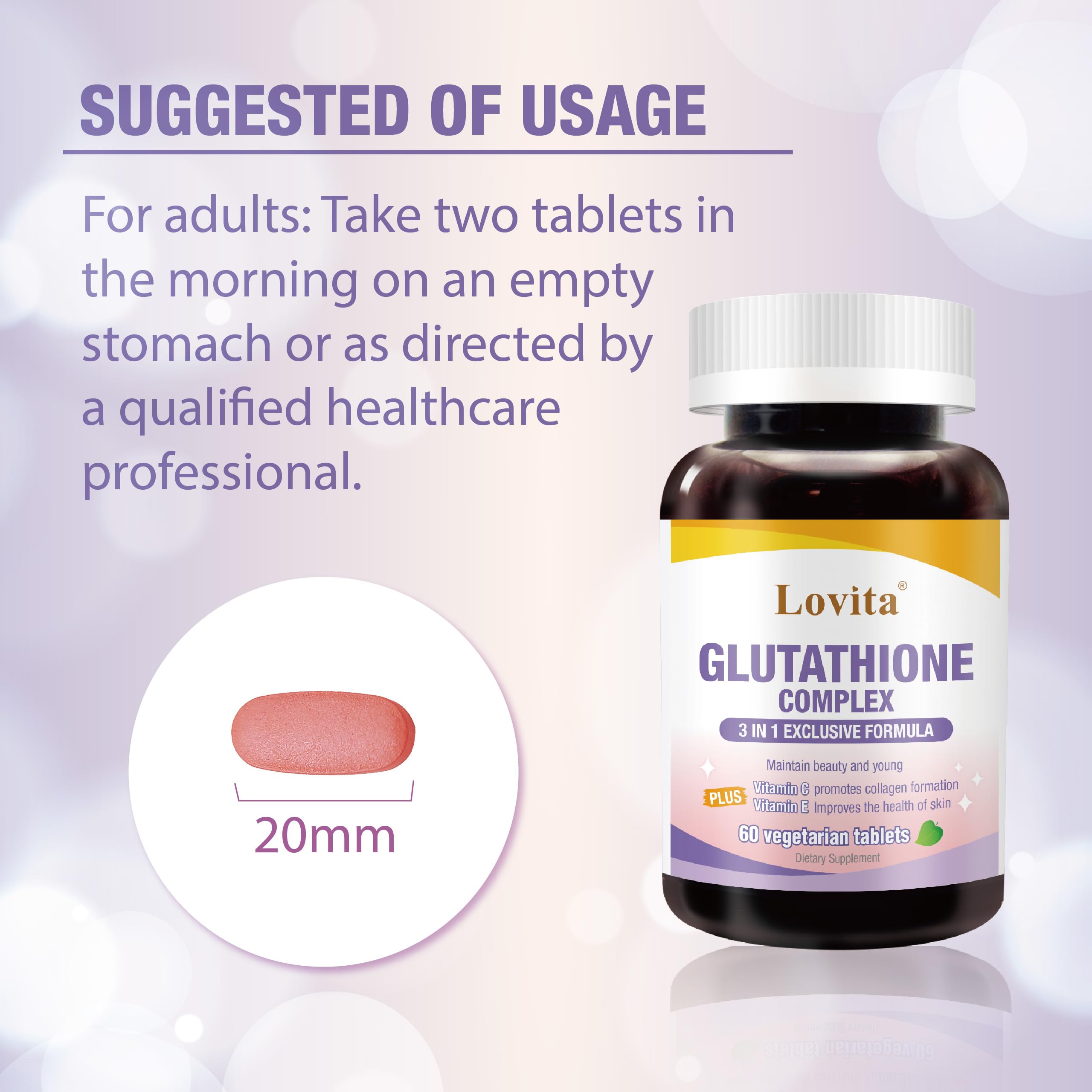 Dosage scene showing two tablets daily on an empty stomach with a glass of water.